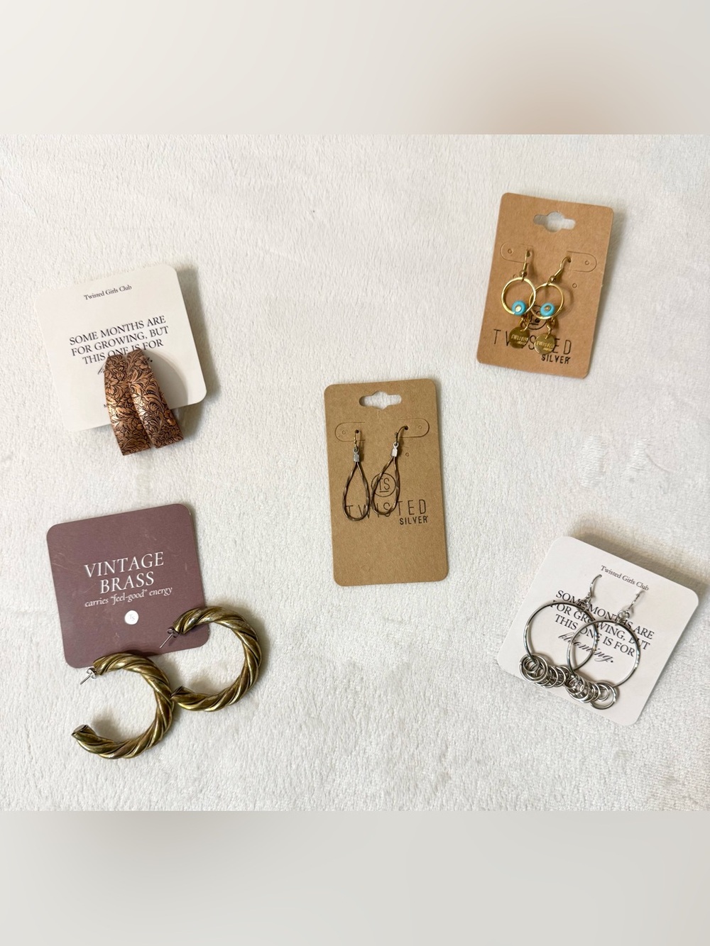 Twisted Silver Earrings Assortment Silver, Gold and Copper Tones 5 Pair